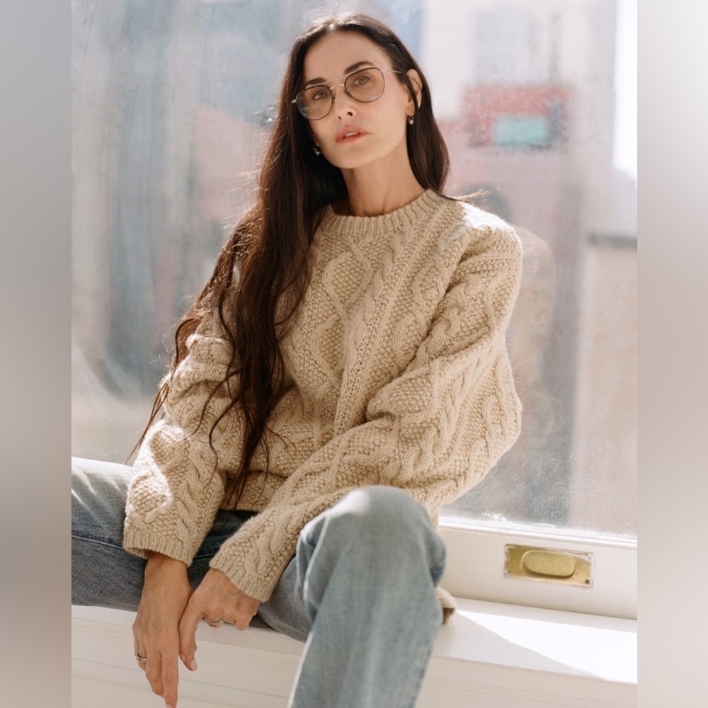 J.Crew demi moore All Wool Crew Neck Cable Knit Fisherman 90s Vintage Sweater L